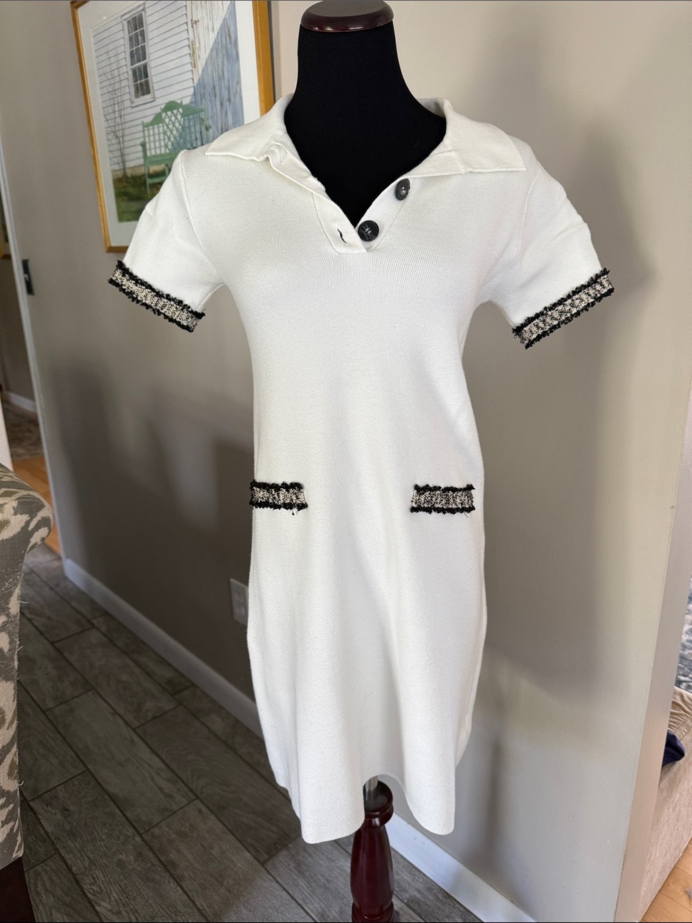 Zara White Knit Polo Dress with Black Trim